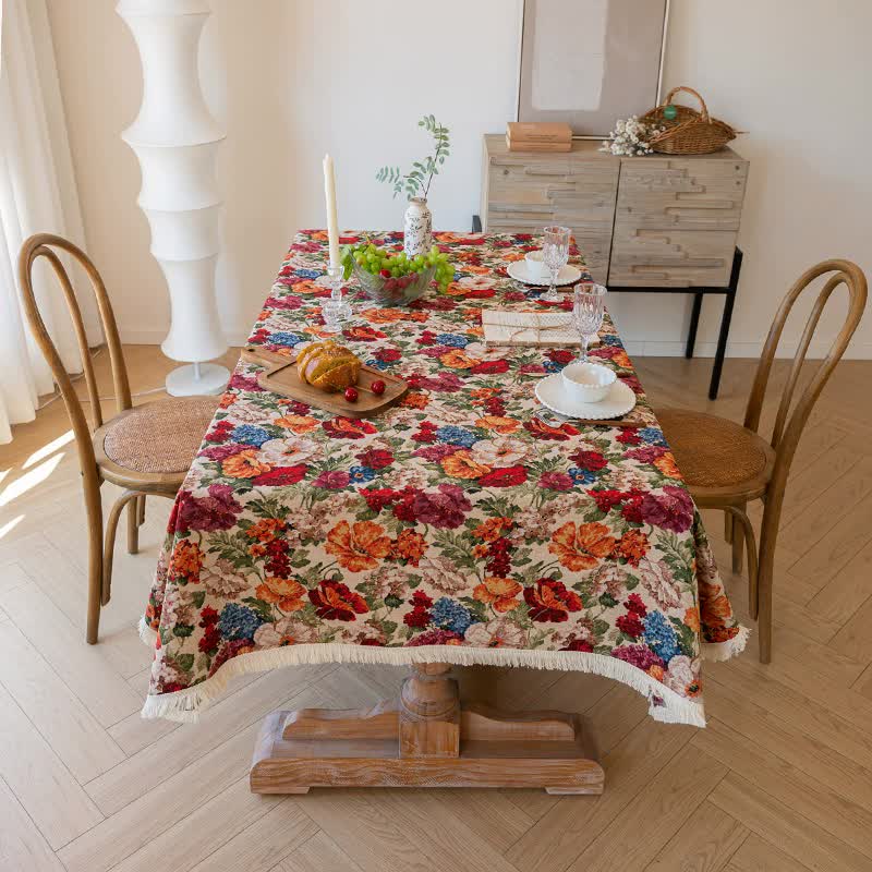 Floral Cotton Linen Tablecloth | Vintage Style Country Garden Design, 140*140cm 3