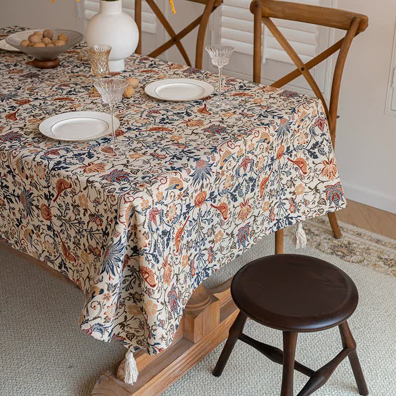 Floral Vintage Bird Tassel Tablecloth | Vintage Cotton and Linen Jacquard Tablecloth, 90x90cm