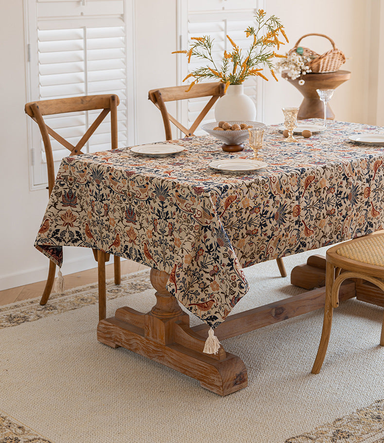 Floral Vintage Bird Tassel Tablecloth | Vintage Cotton and Linen Jacquard Tablecloth, 90*140cm 7