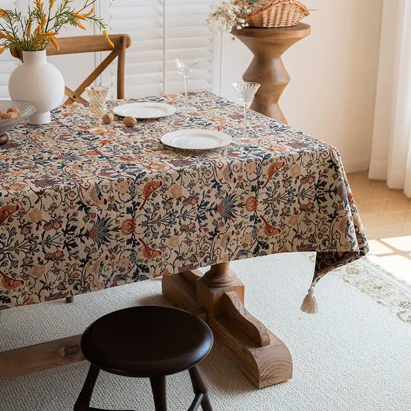 Floral Vintage Bird Tassel Tablecloth | Vintage Cotton and Linen Jacquard Tablecloth, 100*160cm 4