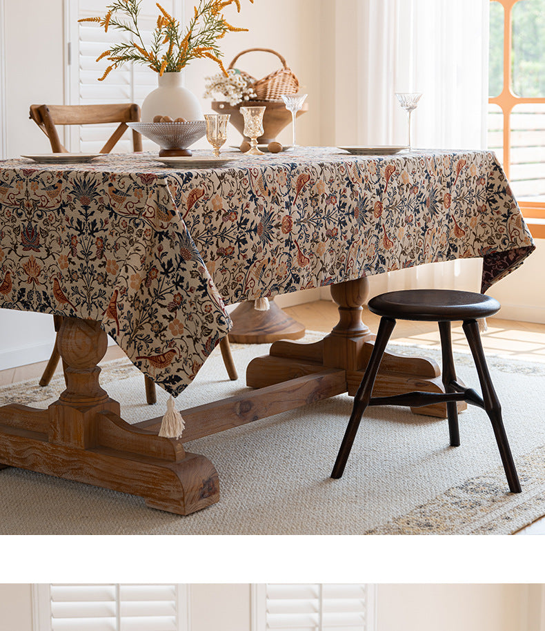 Floral Vintage Bird Tassel Tablecloth | Vintage Cotton and Linen Jacquard Tablecloth, 100*160cm 6
