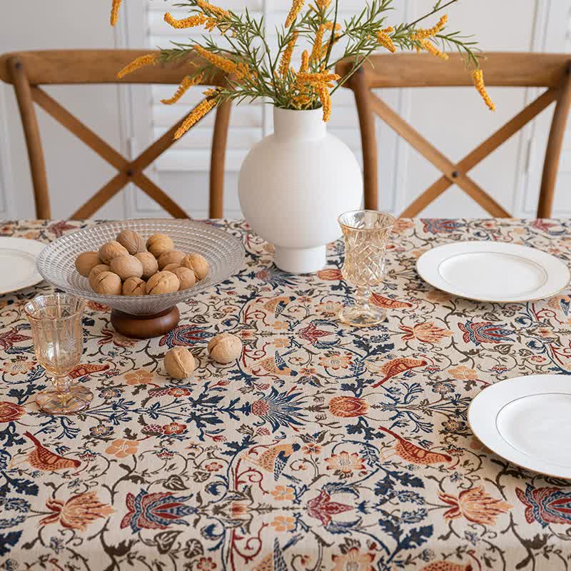 Floral Vintage Bird Tassel Tablecloth | Vintage Cotton and Linen Jacquard Tablecloth, 120*160cm 3