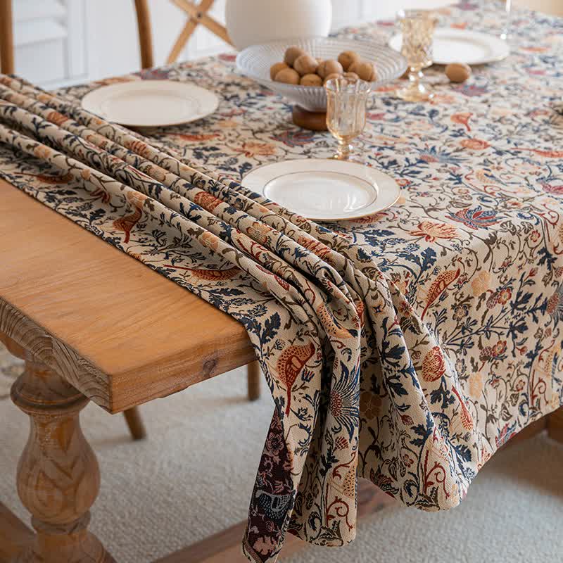 Floral Vintage Bird Tassel Tablecloth | Vintage Cotton and Linen Jacquard Tablecloth, 120*160cm 5