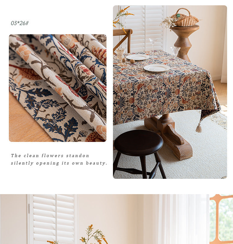 Floral Vintage Bird Tassel Tablecloth | Vintage Cotton and Linen Jacquard Tablecloth, 140*180cm 6