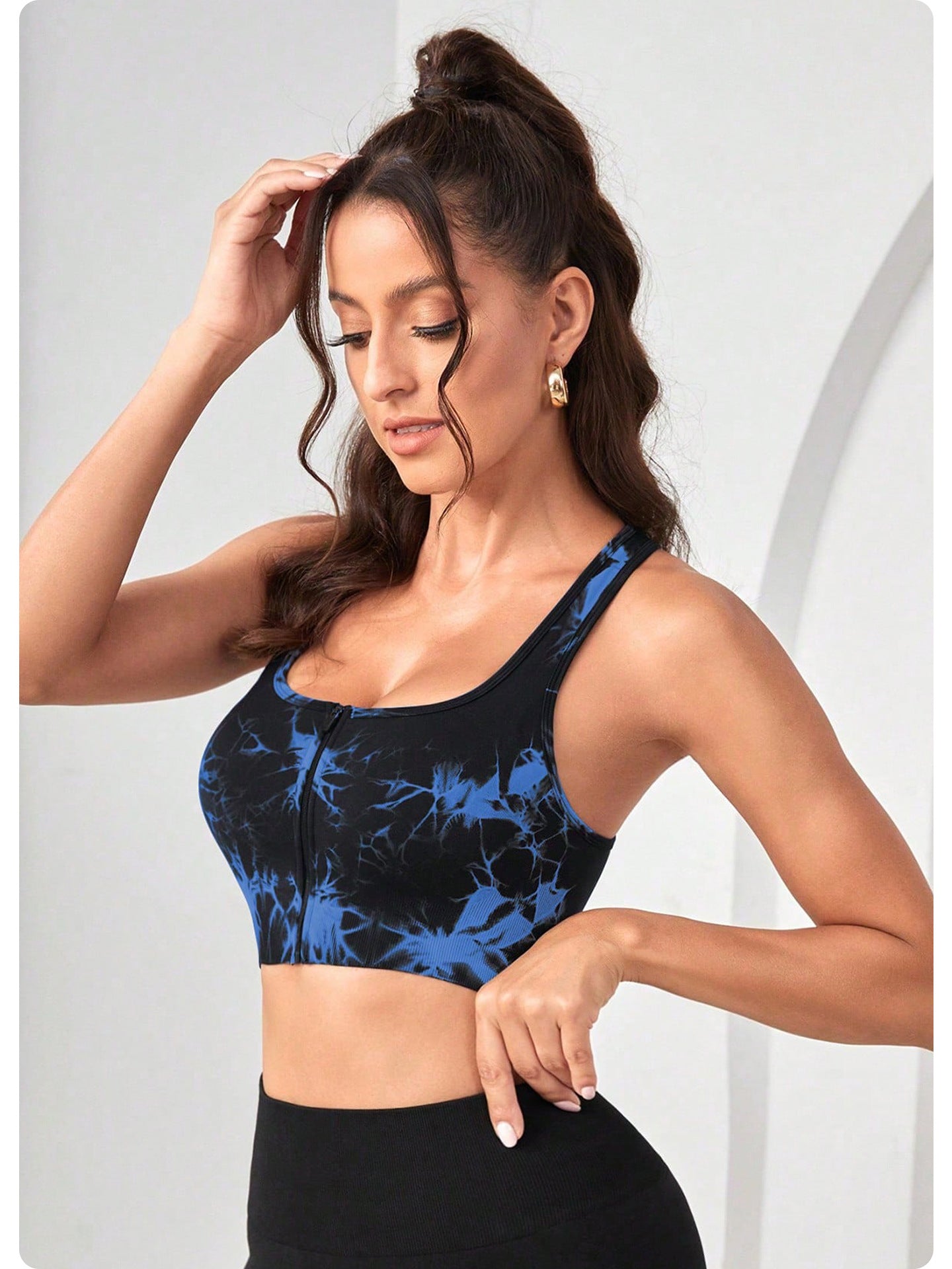 Women's Black Tie Dye Zip-Up Sports Bra | Shockproof, Push-Up Size M 3