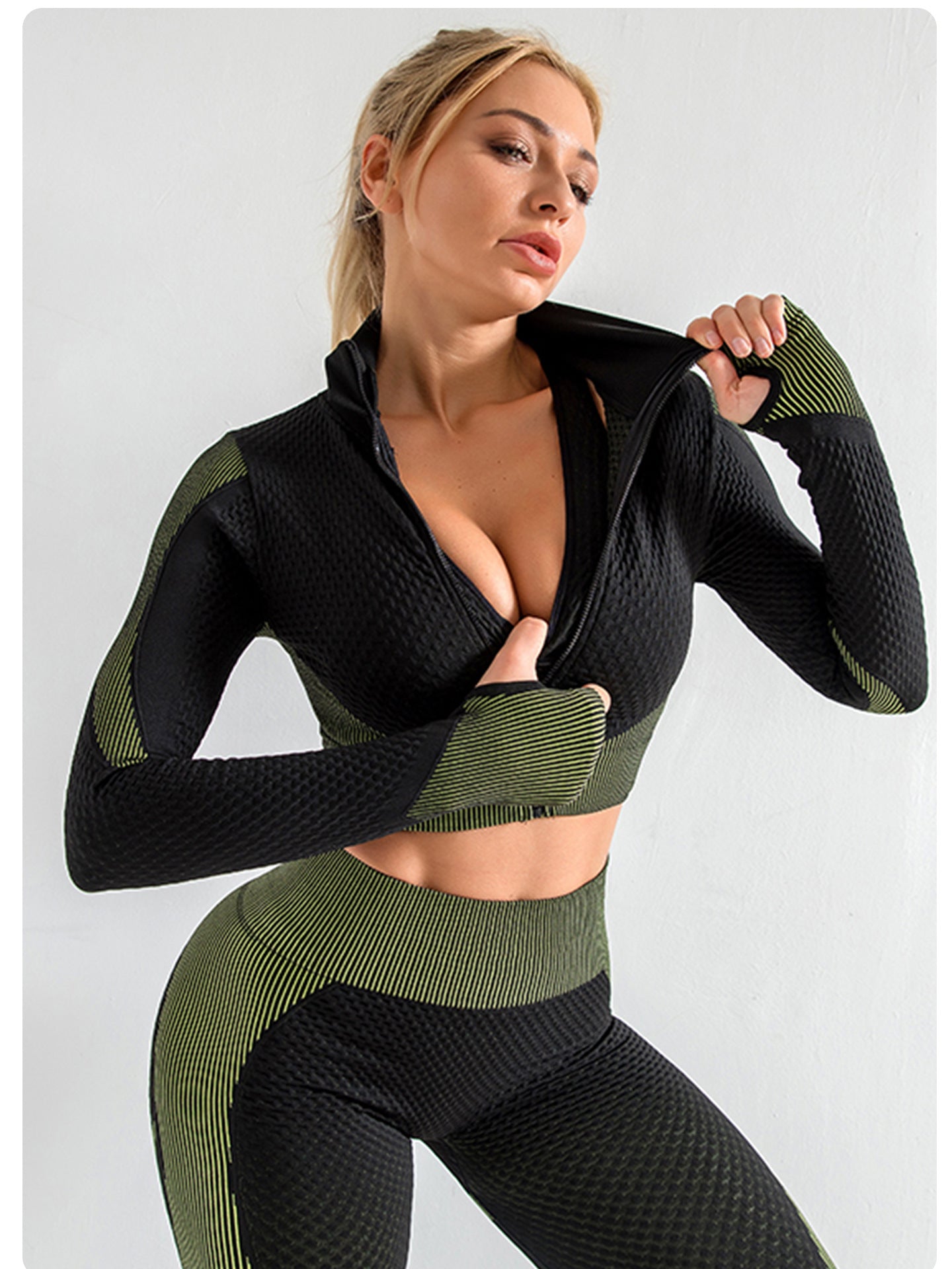 Army Green High Waist Yoga Set for Women – Sports Bra, Long Sleeve Shirt & Leggings 3-Piece Workout Set Size S 3