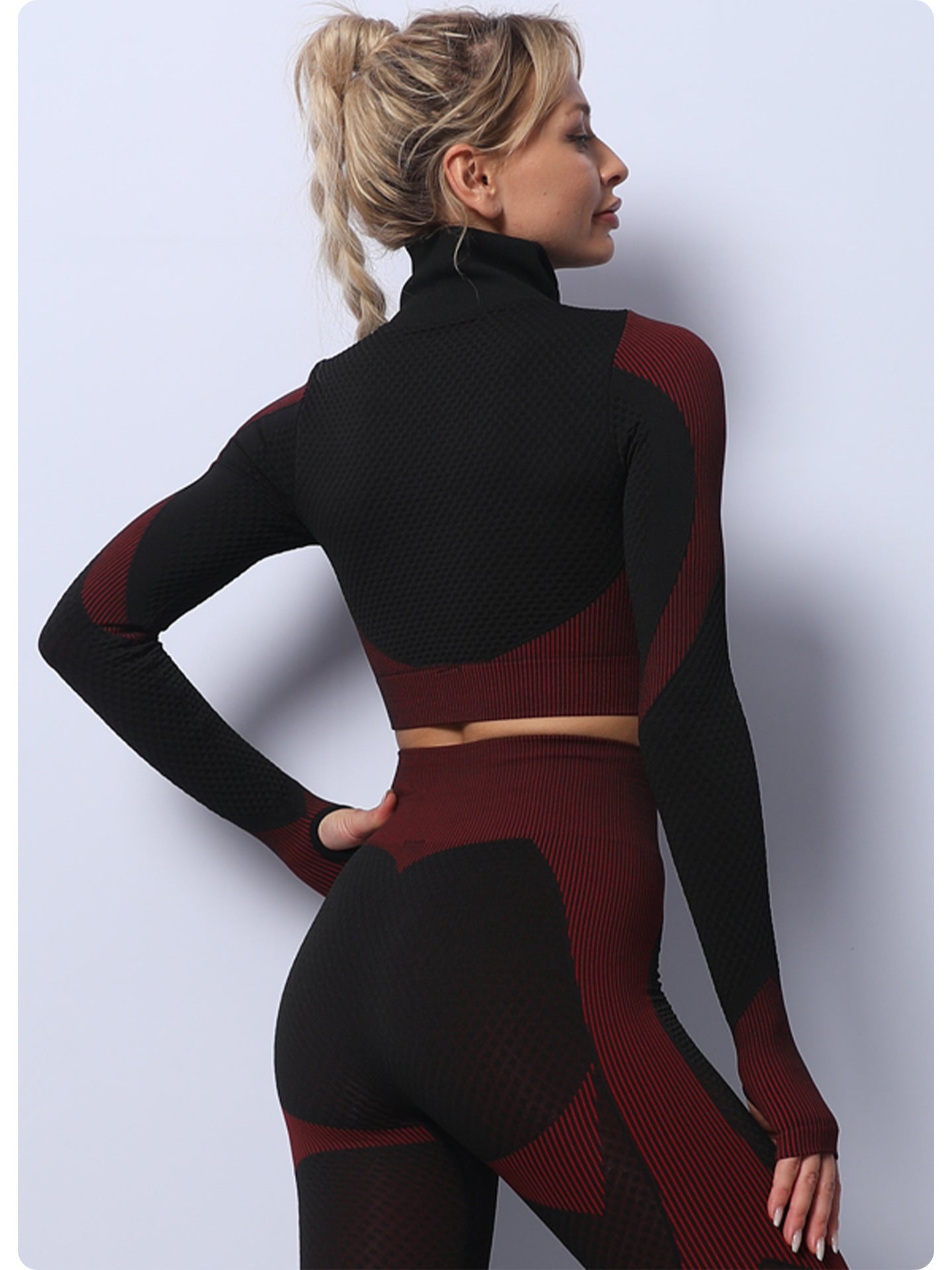 Black+Red High Waist Yoga Set for Women - Sports Bra, Long Sleeve Shirt & Leggings 3-Piece Workout Set Size L 5