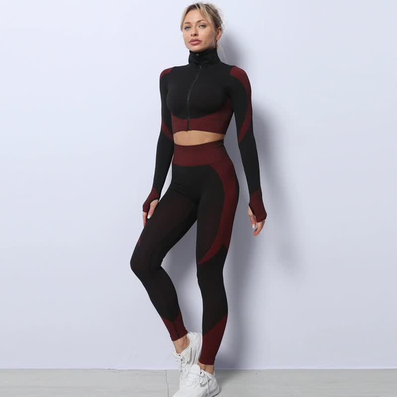 Black+Red High Waist Yoga Set for Women - Sports Bra, Long Sleeve Shirt & Leggings 3-Piece Workout Set Size L 8