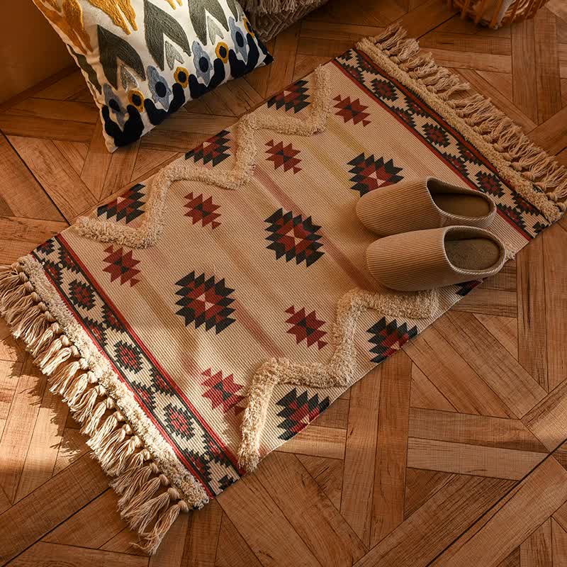 Handwoven Cotton Tassel Floor Rug for Bedroom or Living Room|Soft, Modern Geometric Design,60x90cm