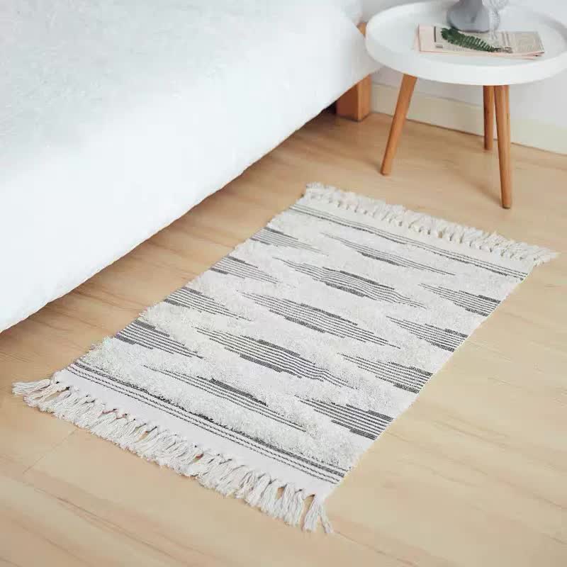 Handwoven Cotton Tassel Floor Rug for Bedroom or Living Room|Soft, Modern Geometric Design,60x90cm