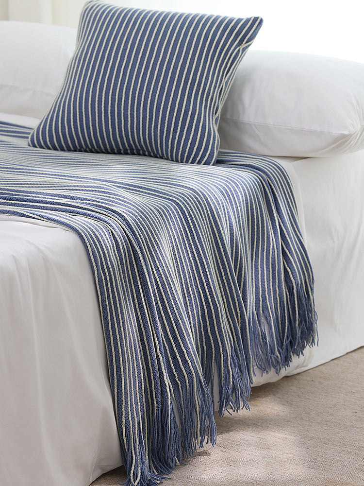 Blue Cozy Knit Throw Blanket with Fringe - Stylish Striped  Bed End Cover, 127x220CM 3