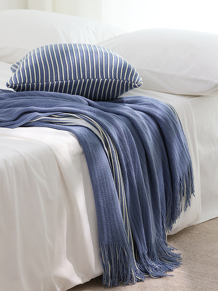 Blue Cozy Knit Throw Blanket with Fringe - Stylish Striped  Bed End Cover, 127x220CM 4
