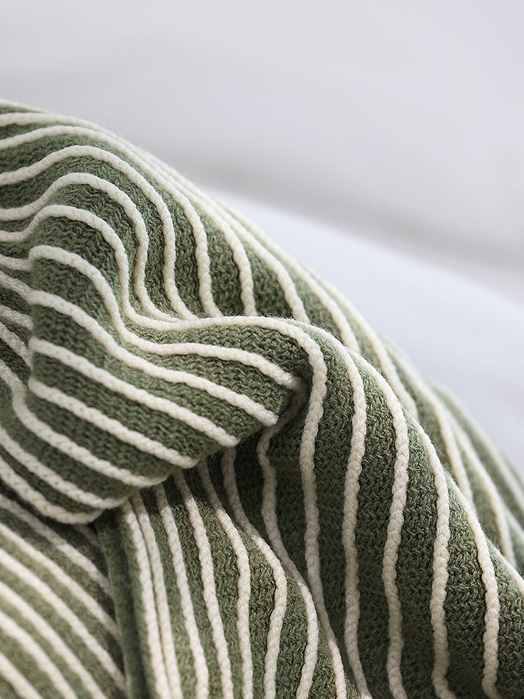 Green Cozy Knit Throw Blanket with Fringe - Stylish Striped  Bed End Cover, 127x220CM 4