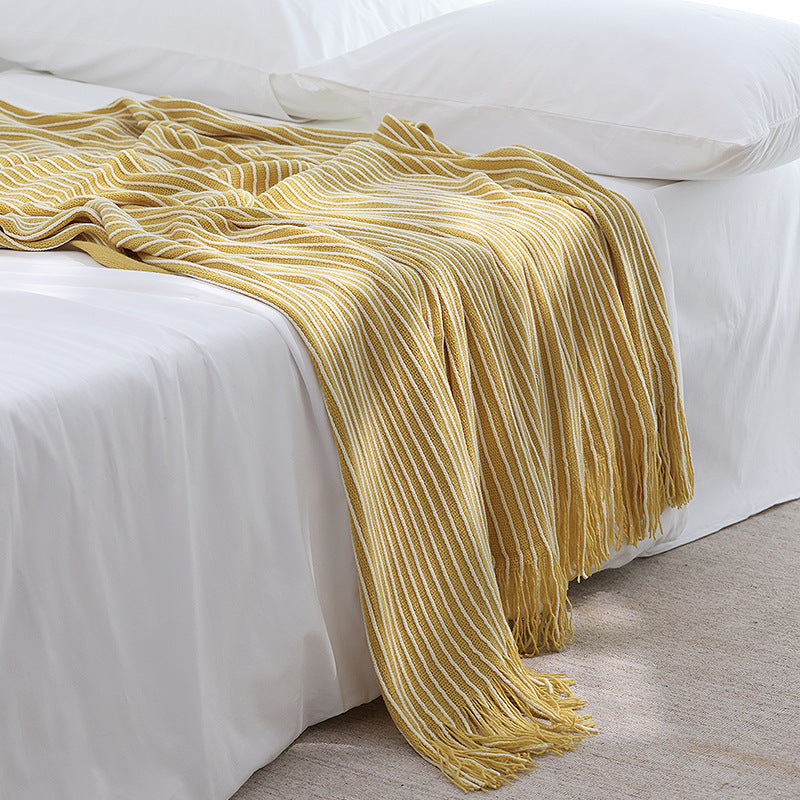 Yellow Cozy Knit Throw Blanket with Fringe - Stylish Striped  Bed End Cover, 127x170CM 3