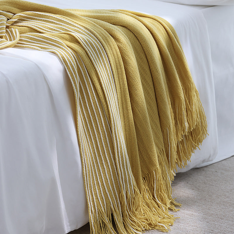 Yellow Cozy Knit Throw Blanket with Fringe - Stylish Striped  Bed End Cover, 127x220CM 4