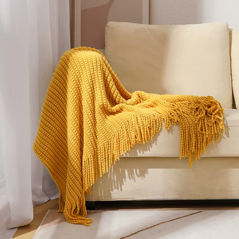 Yellow Premium Woven Knitted Throw Blanket with Tassels | Soft, Cozy Sofa & Bed Blanket, Perfect for Office or Afternoon Naps 127x172cm 3