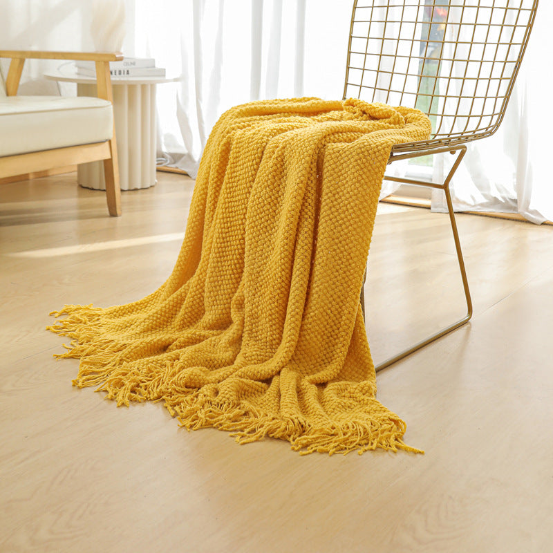 Yellow Premium Woven Knitted Throw Blanket with Tassels | Soft, Cozy Sofa & Bed Blanket, Perfect for Office or Afternoon Naps 127x172cm 6