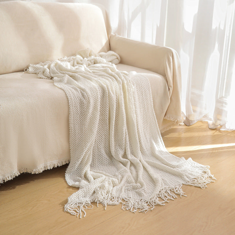 Beige Premium Woven Knitted Throw Blanket with Tassels | Soft, Cozy Sofa & Bed Blanket, Perfect for Office or Afternoon Naps 127x172cm 7