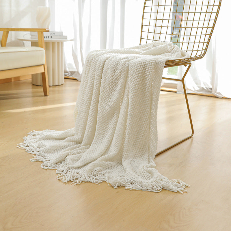 Beige Premium Woven Knitted Throw Blanket with Tassels | Soft, Cozy Sofa & Bed Blanket, Perfect for Office or Afternoon Naps 130x220cm 3