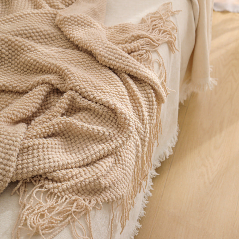 Khaki Premium Woven Knitted Throw Blanket with Tassels | Soft, Cozy Sofa & Bed Blanket, Perfect for Office or Afternoon Naps 130x260cm 4