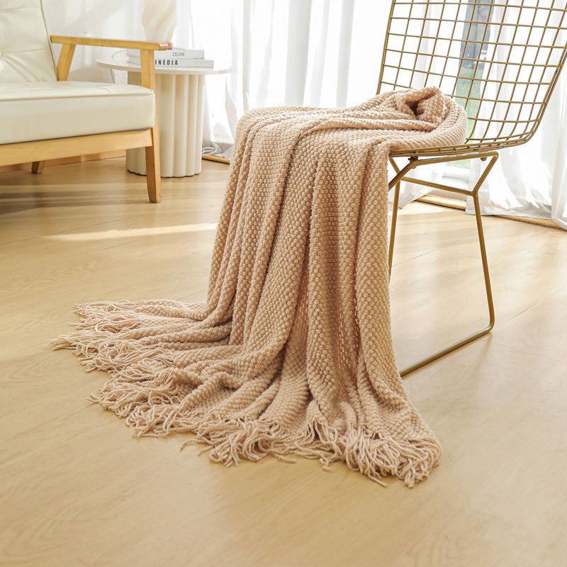 Khaki Premium Woven Knitted Throw Blanket with Tassels | Soft, Cozy Sofa & Bed Blanket, Perfect for Office or Afternoon Naps 130x260cm 6