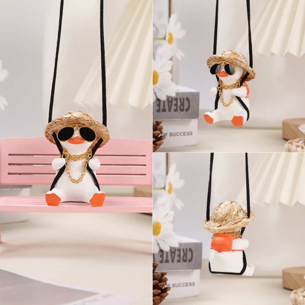 White+Orange 2 pcs Rocking Duck Car Ornament - Cute duck figurine with hat and small school bag, car interior decoration 3
