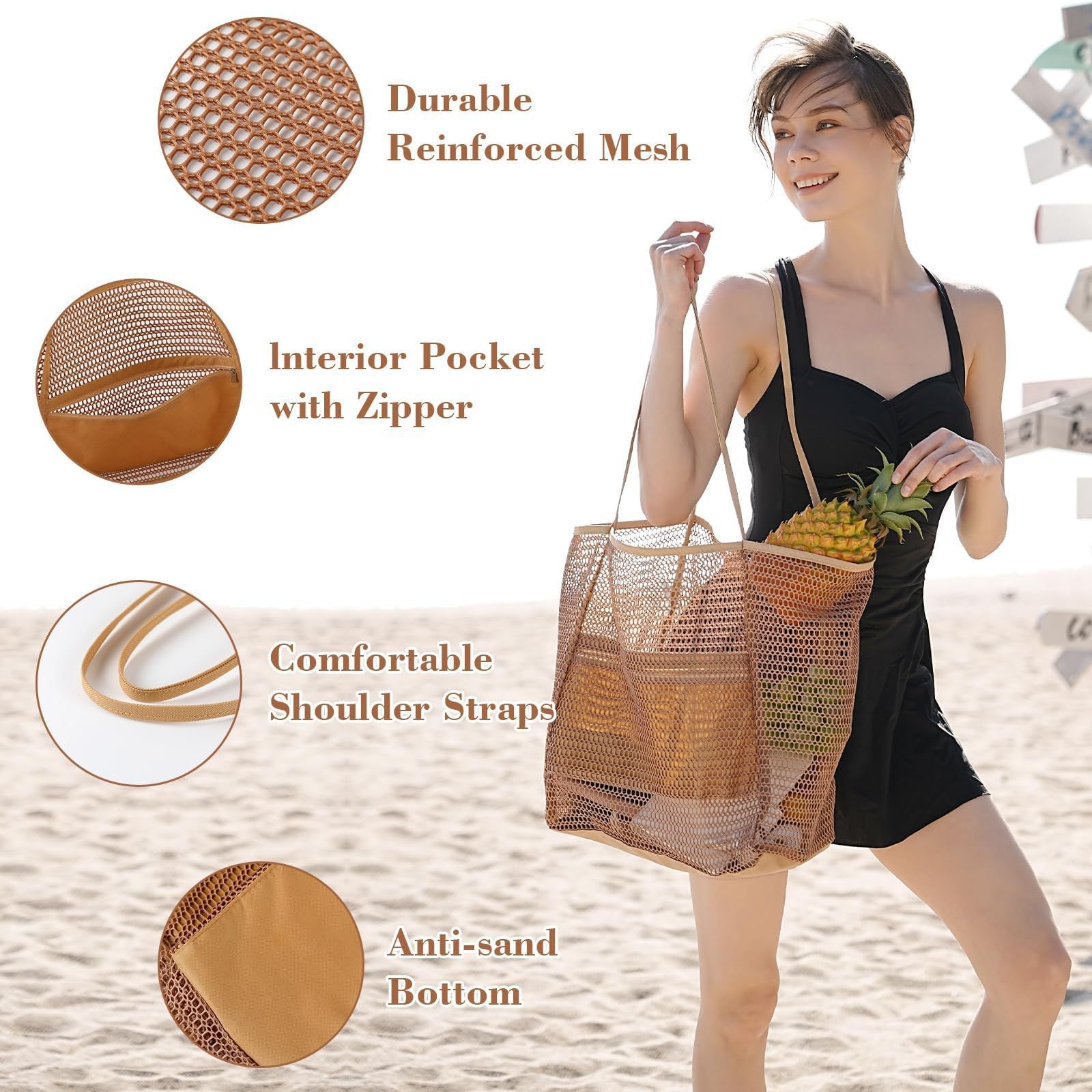 2 pcs Khaki Casual Mesh Tote Bag - Shoulder Bag for Beach & Travel 35x17x37cm 3
