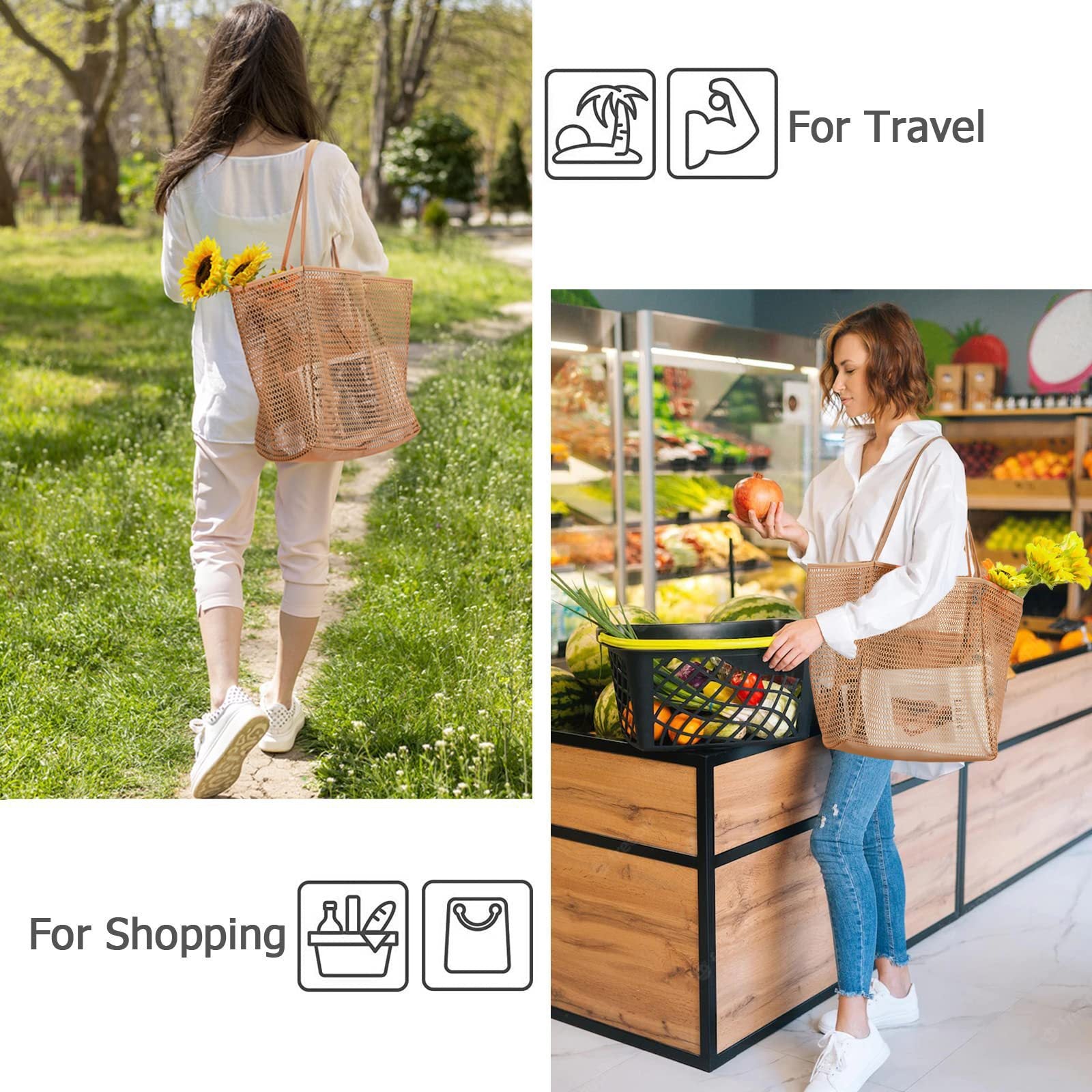 2 pcs Khaki Casual Mesh Tote Bag - Shoulder Bag for Beach & Travel 35x17x37cm 4