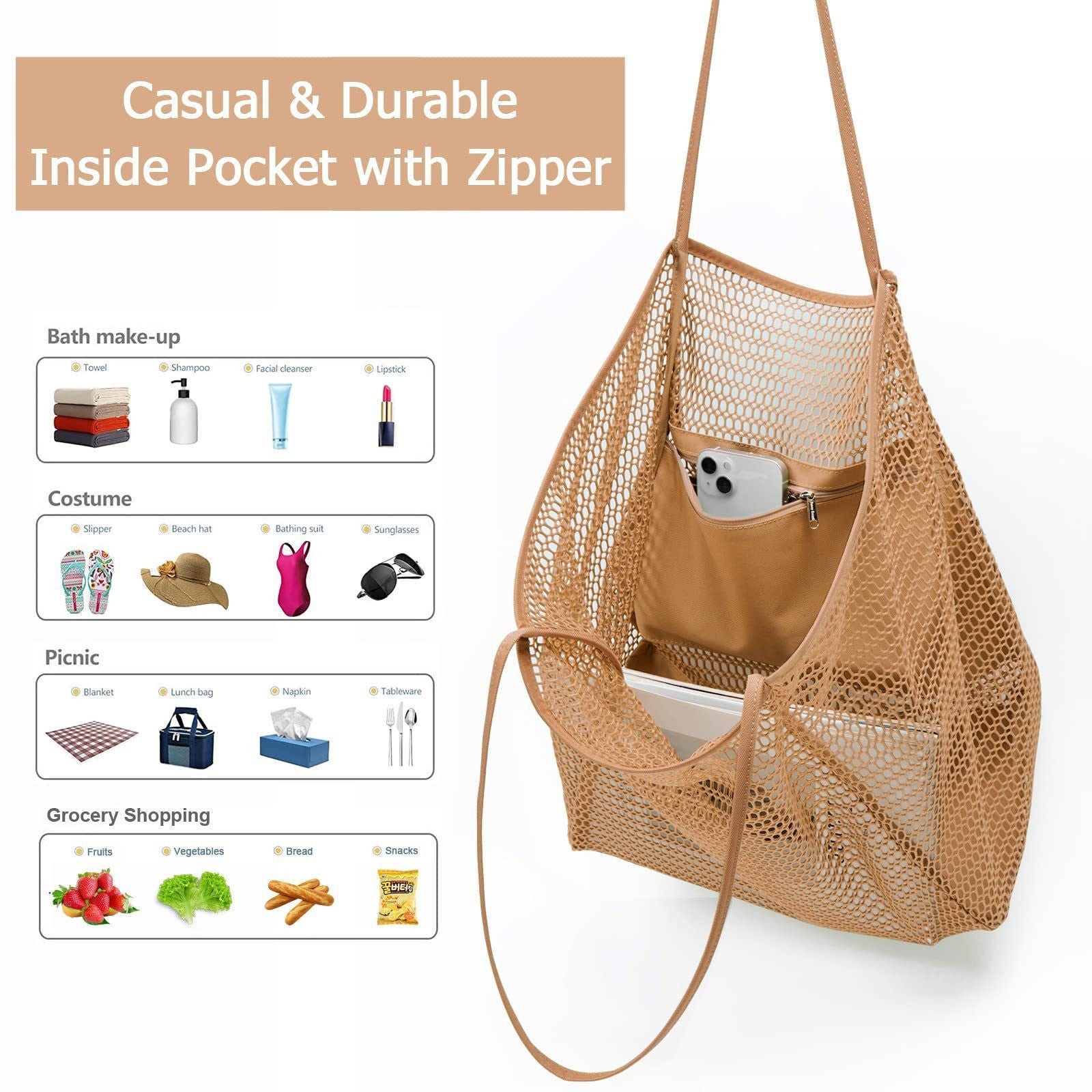 2 pcs Khaki Casual Mesh Tote Bag - Shoulder Bag for Beach & Travel 35x17x37cm 5