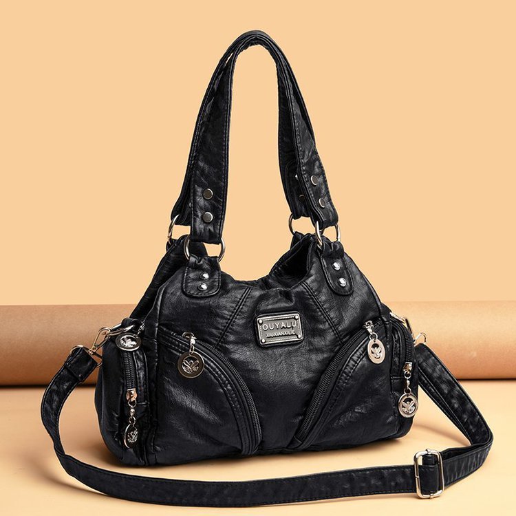 Black Vintage Soft Leather Biker Bag - Shoulder Crossbody Handbag 3