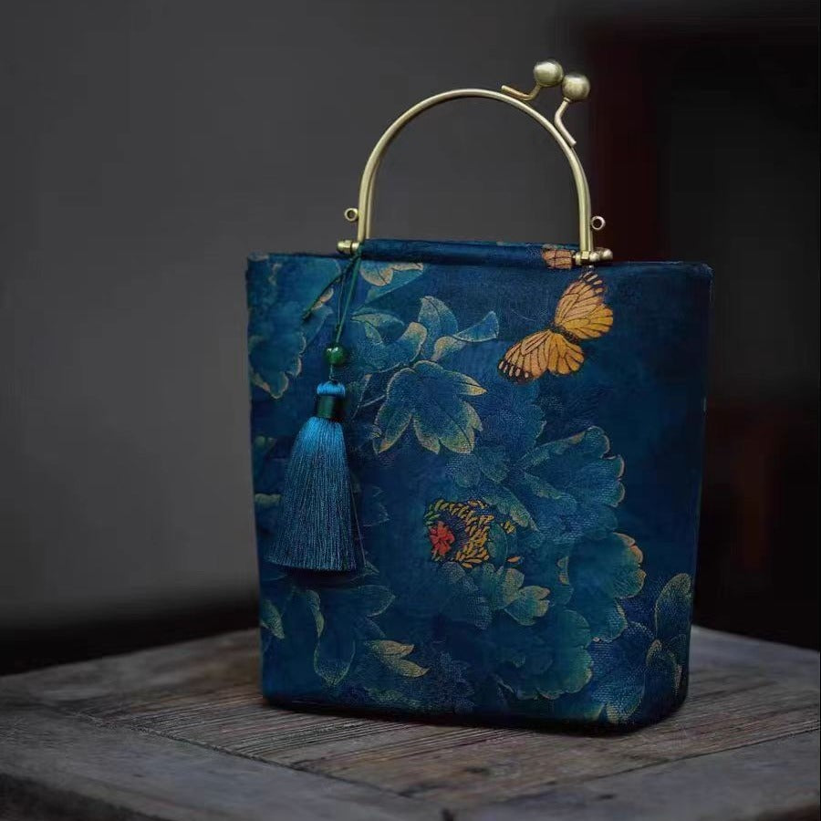 Modern Chinese Style Bucket Bag - Embroidered Handbag with Tassel 19x23x10cm 3