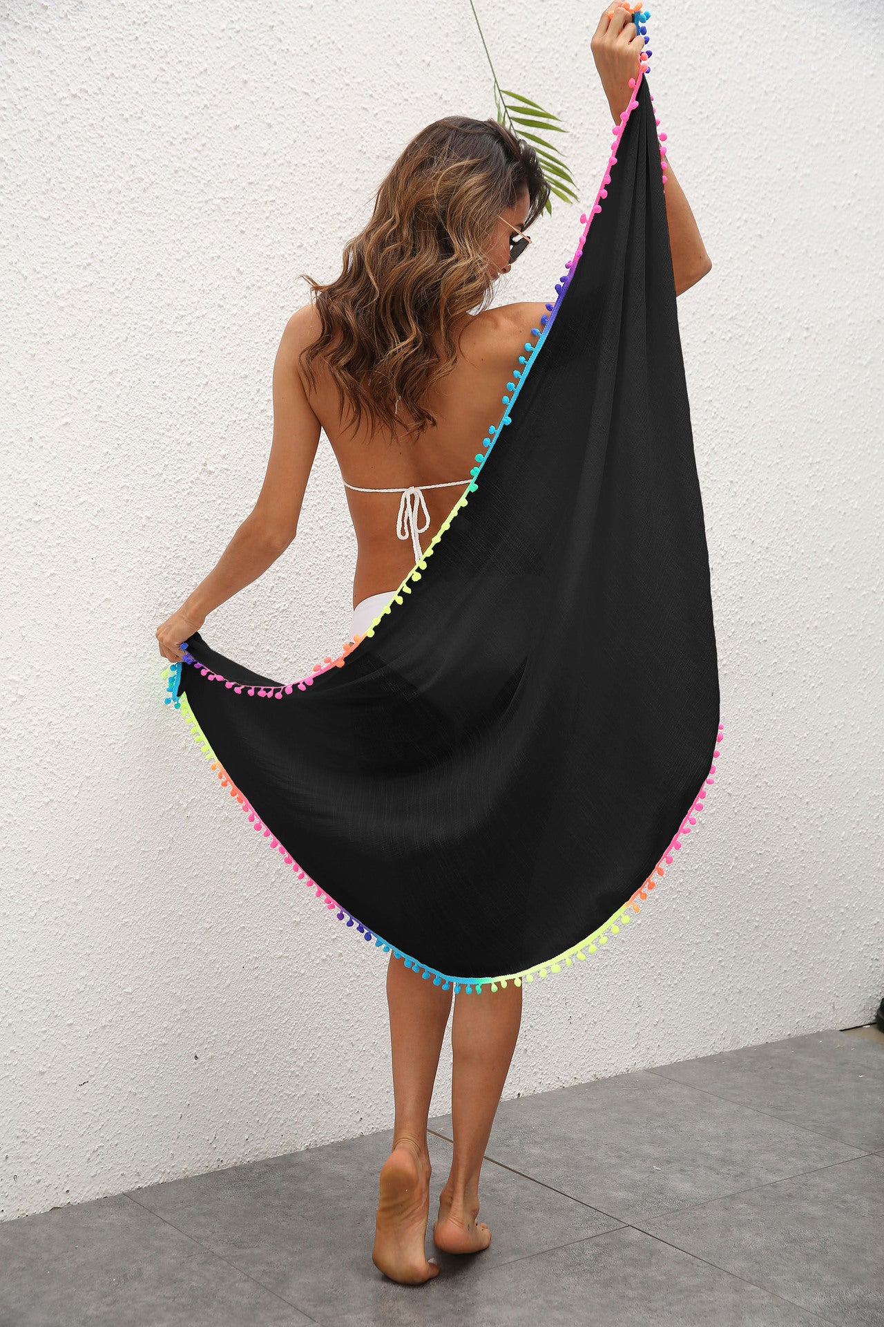 Black Summer Sun Protection Sarong - Women's Beach Cover-Up with Tassels 68x163cm 3