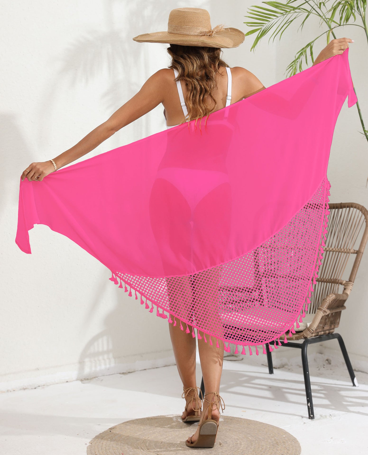 Rose red Women's Mesh Detail Beach Wrap - Tassel Trim Swim Cover-Up 95x195cm 4