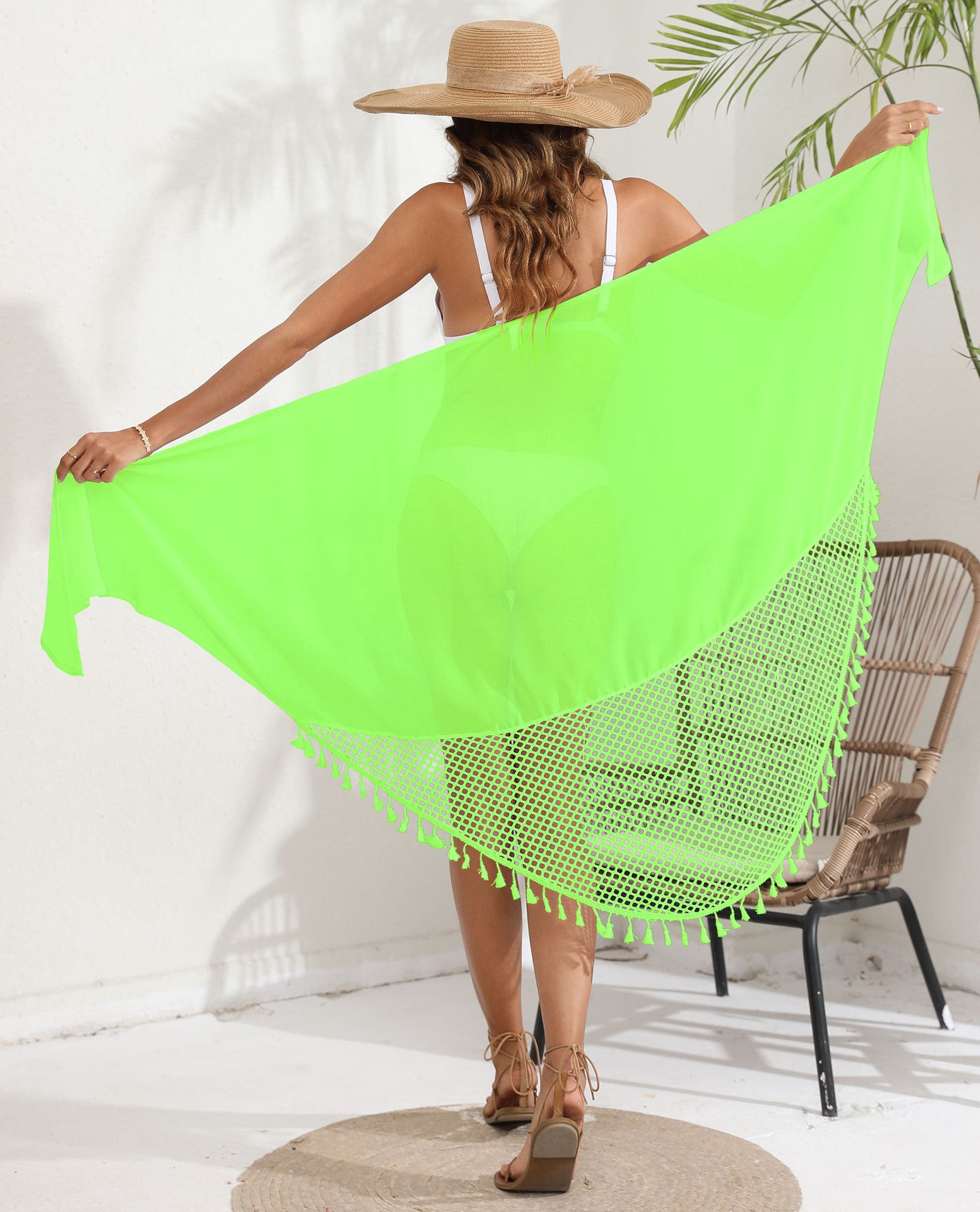 Fluorescent green Women's Mesh Detail Beach Wrap - Tassel Trim Swim Cover-Up 95x195cm 4
