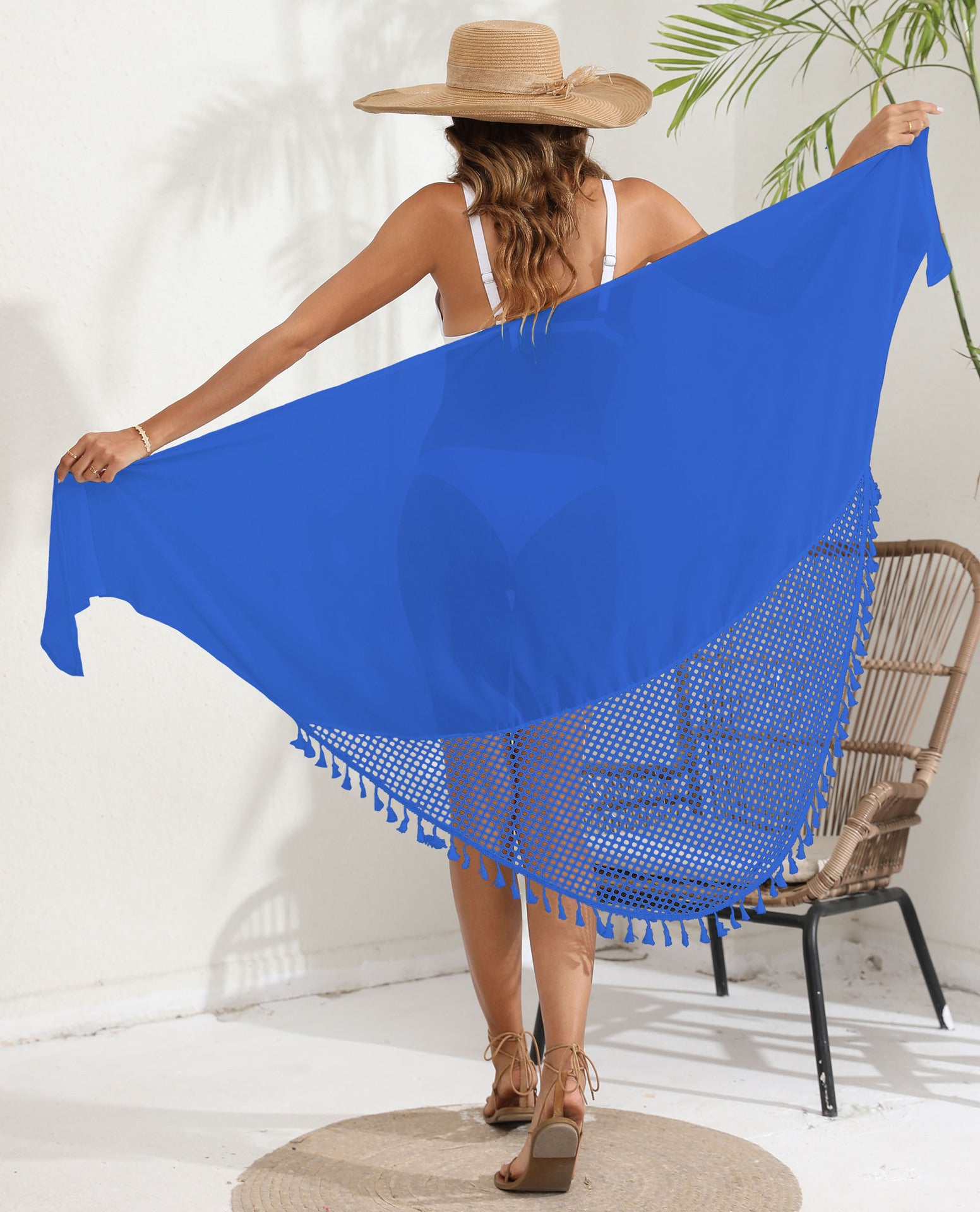 Blue Women's Mesh Detail Beach Wrap - Tassel Trim Swim Cover-Up 95x195cm 4