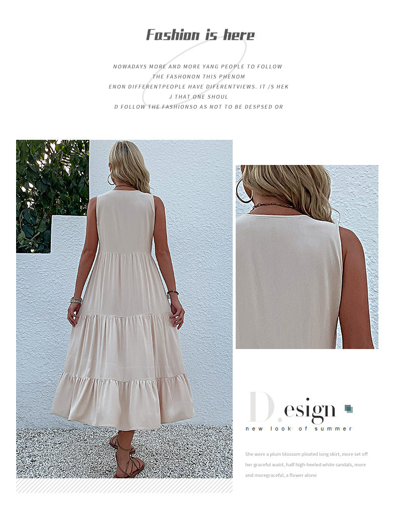Apricot Flowy Sleeveless Midi Dress - Sleeveless solid sundress with decorative buttons 3