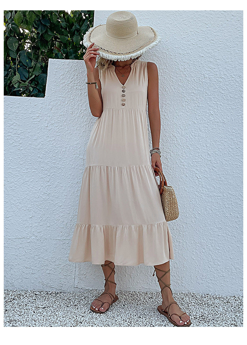 Apricot Flowy Sleeveless Midi Dress - Sleeveless solid sundress with decorative buttons Size M 3