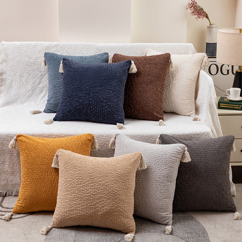 Milk tea yellow Set of 2 Textured Velvet Throw Pillow Covers with Tassels - Decorative Square Cushions 45*45cm 3