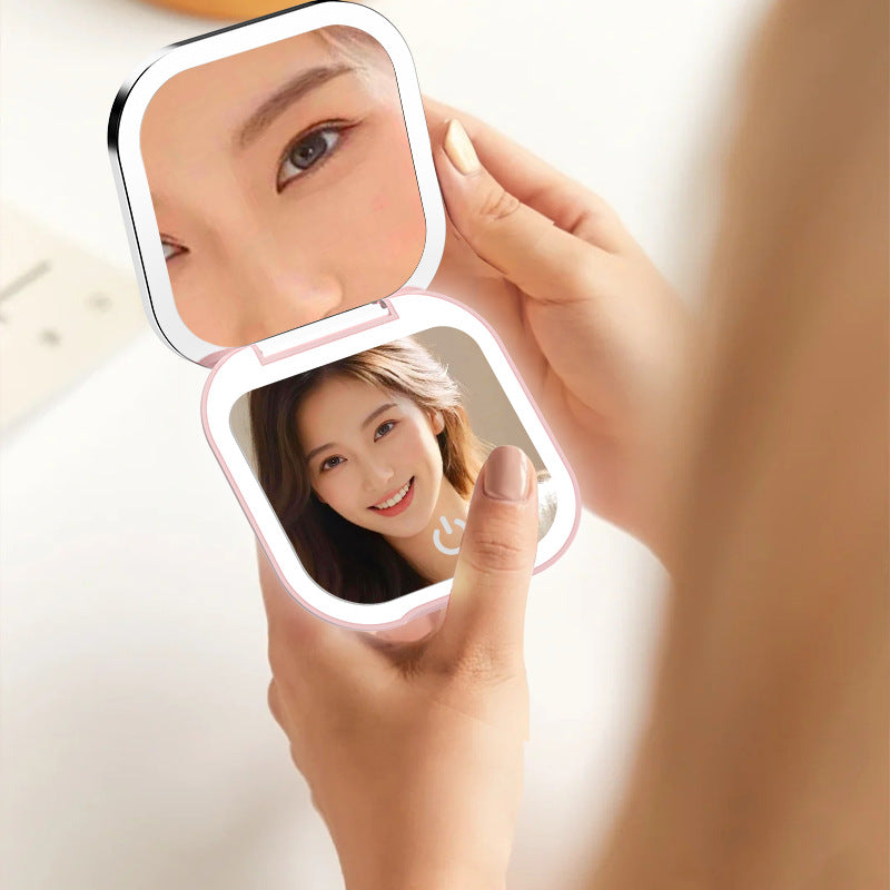 Black LED Makeup Mirror with Light - Portable Folding USB Rechargeable Compact Mirror with 3 Color Lighting