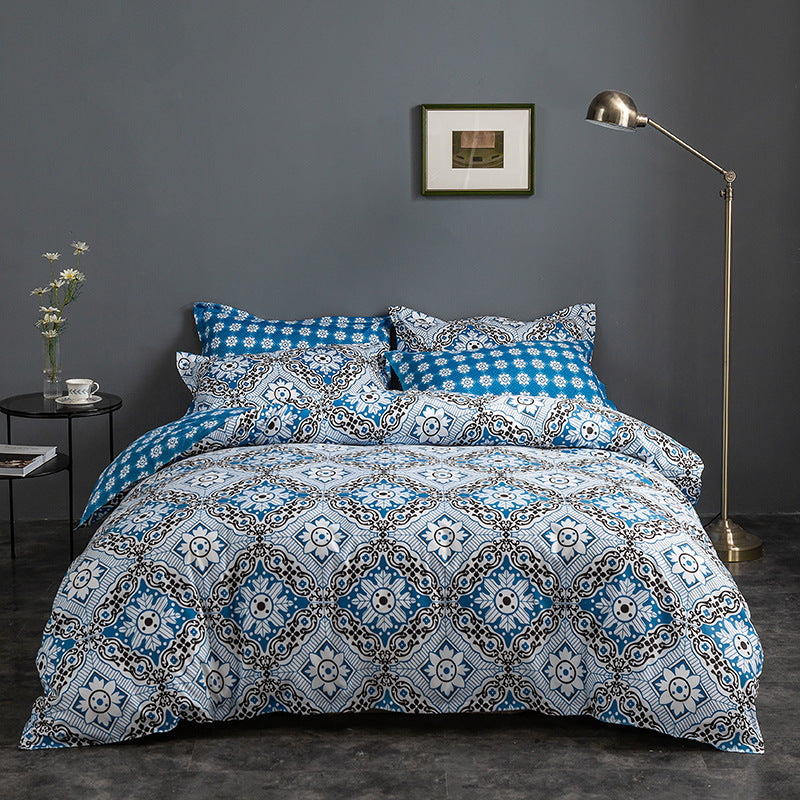 Blue Floral Duvet Cover - 3 Piece Bedding Set (with Corner Ties)