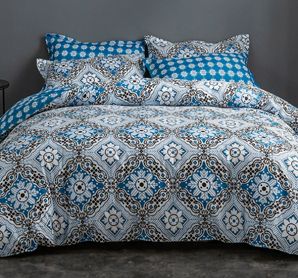 Blue Floral Duvet Cover - 3 Piece Bedding Set (with Corner Ties)