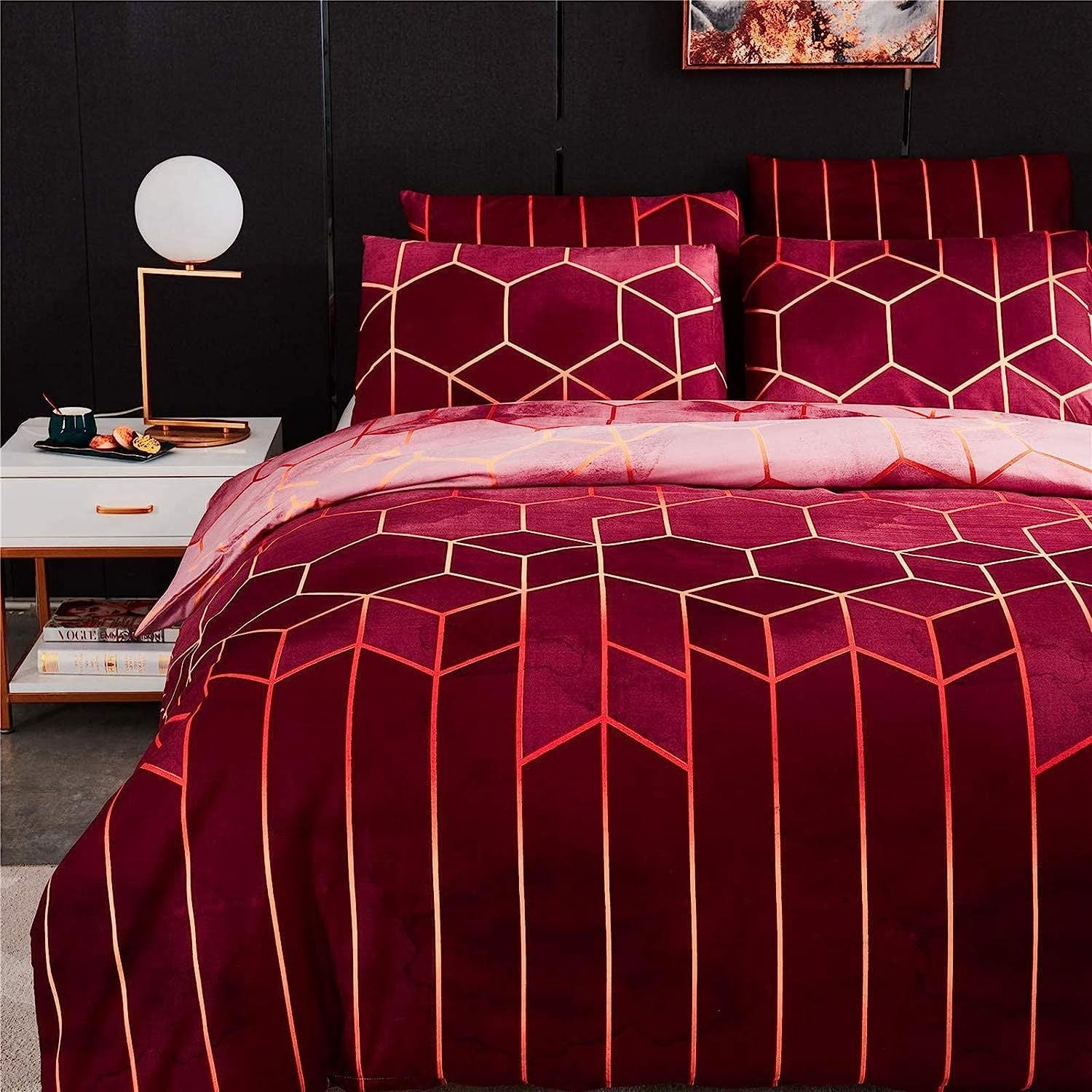 Geometric Print Duvet Cover - 3 Piece Red Ombre Bedding Set Quilt cover 230x230cm-Pillow cover 51x76cm 3