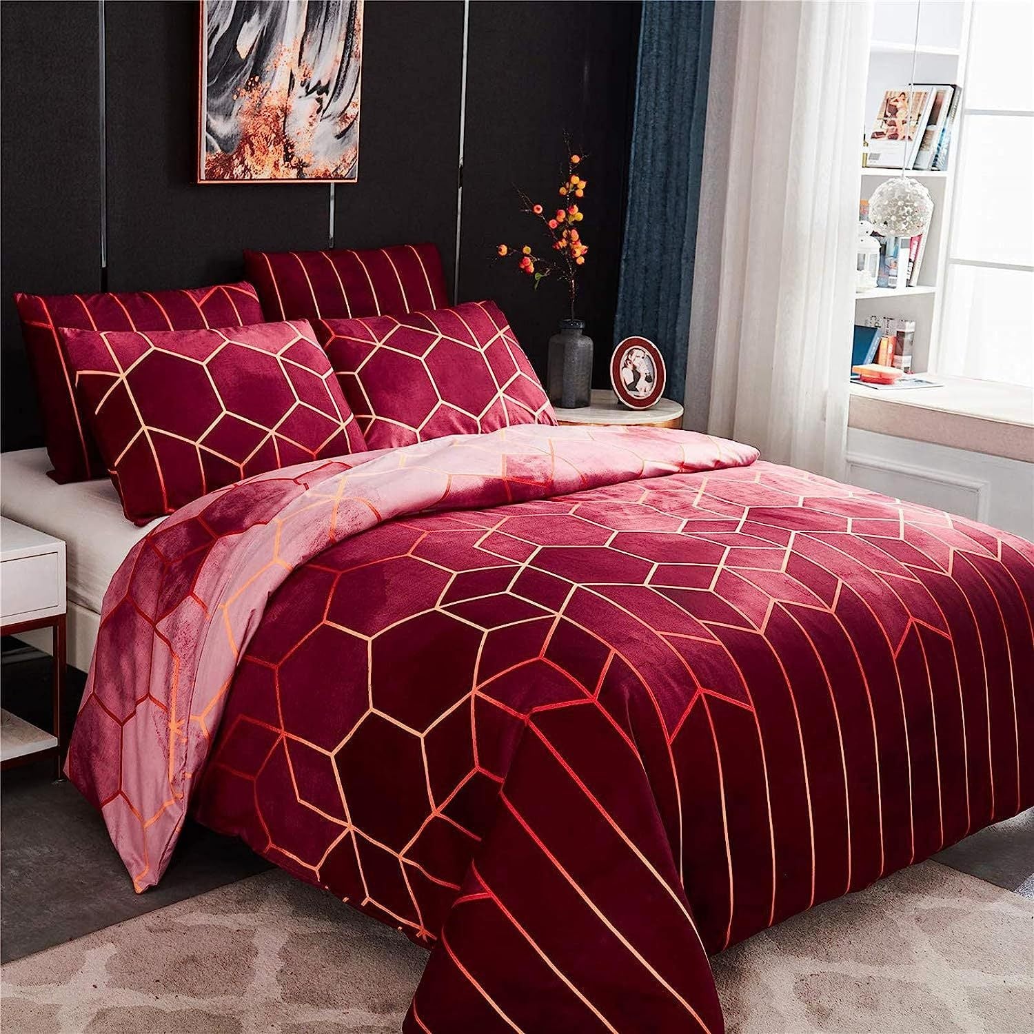 Geometric Print Duvet Cover - 3 Piece Red Ombre Bedding Set Quilt cover 230x230cm-Pillow cover 51x76cm 4