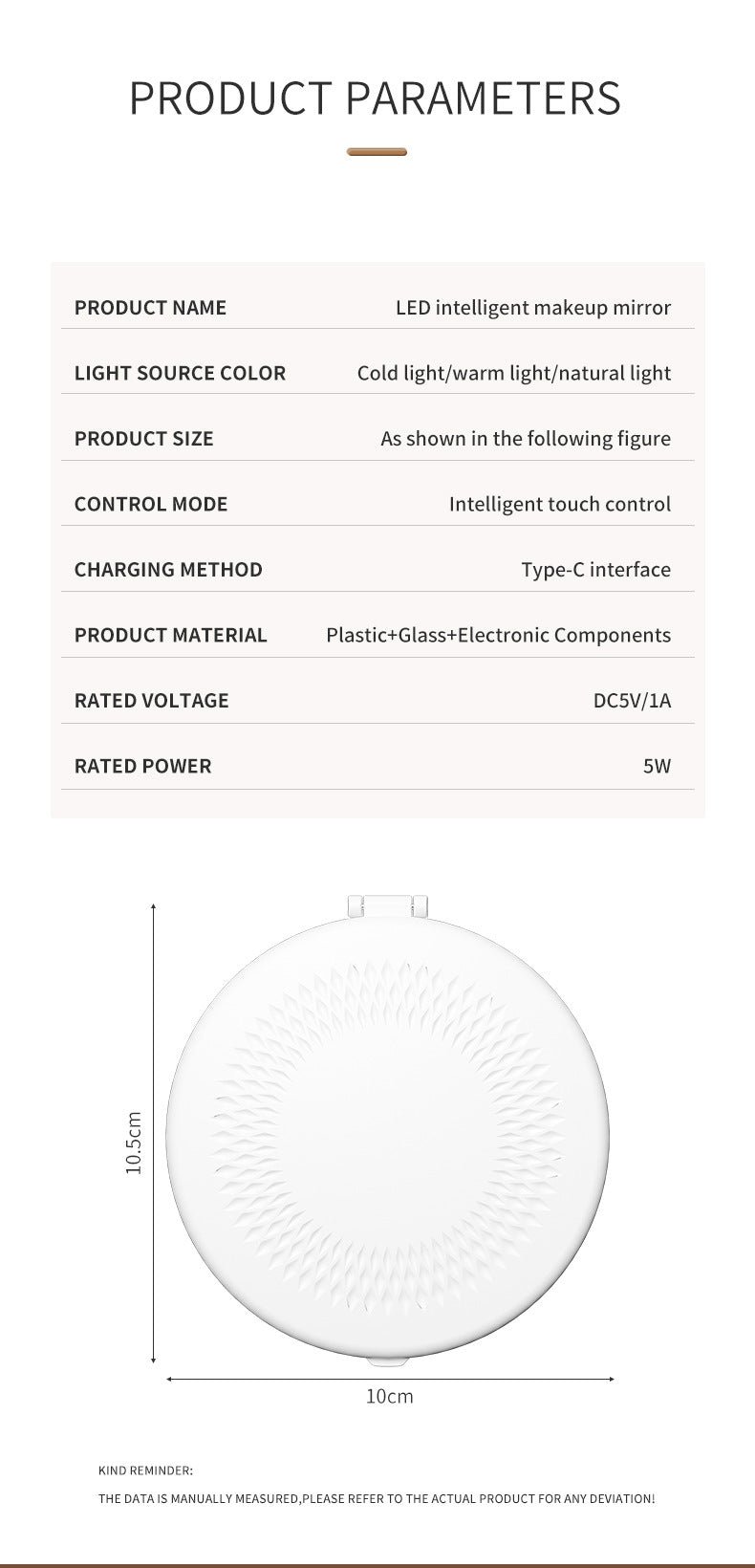 Khaki Portable LED Makeup Mirror with Tricolor Lights - Rechargeable Folding Travel Mirror 5
