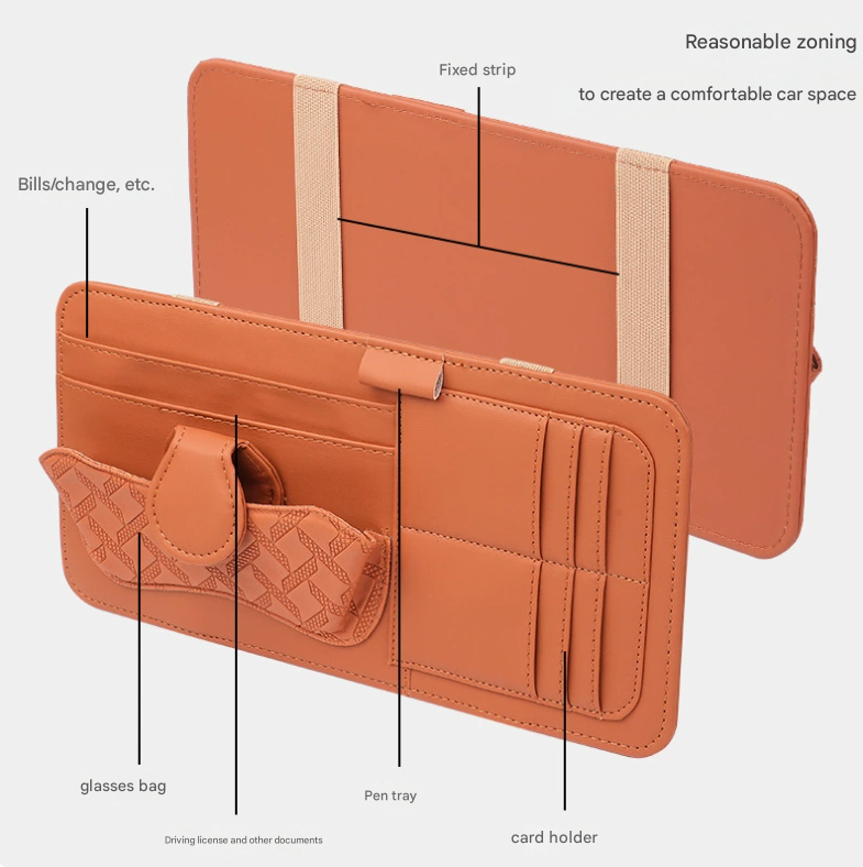 Wine red Car Organizer - Sun Visor Clip with Sunglasses Holder, Card Holder, Cash Pocket 3