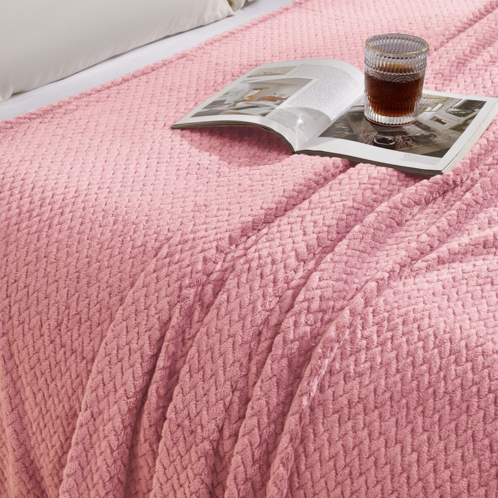 Pink Soft Flannel Jacquard Throw Blanket - Cozy Sofa & Bed Cover, Air Conditioning Blanket, 50 x 60 Inches, Elegant Solid Color 5