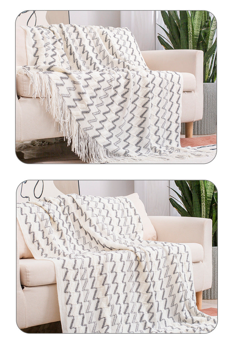 130*180CM White And Grey Modern Knitted Throw Blanket with Tassels - Soft & Lightweight for Sofa, Bed, and Office
