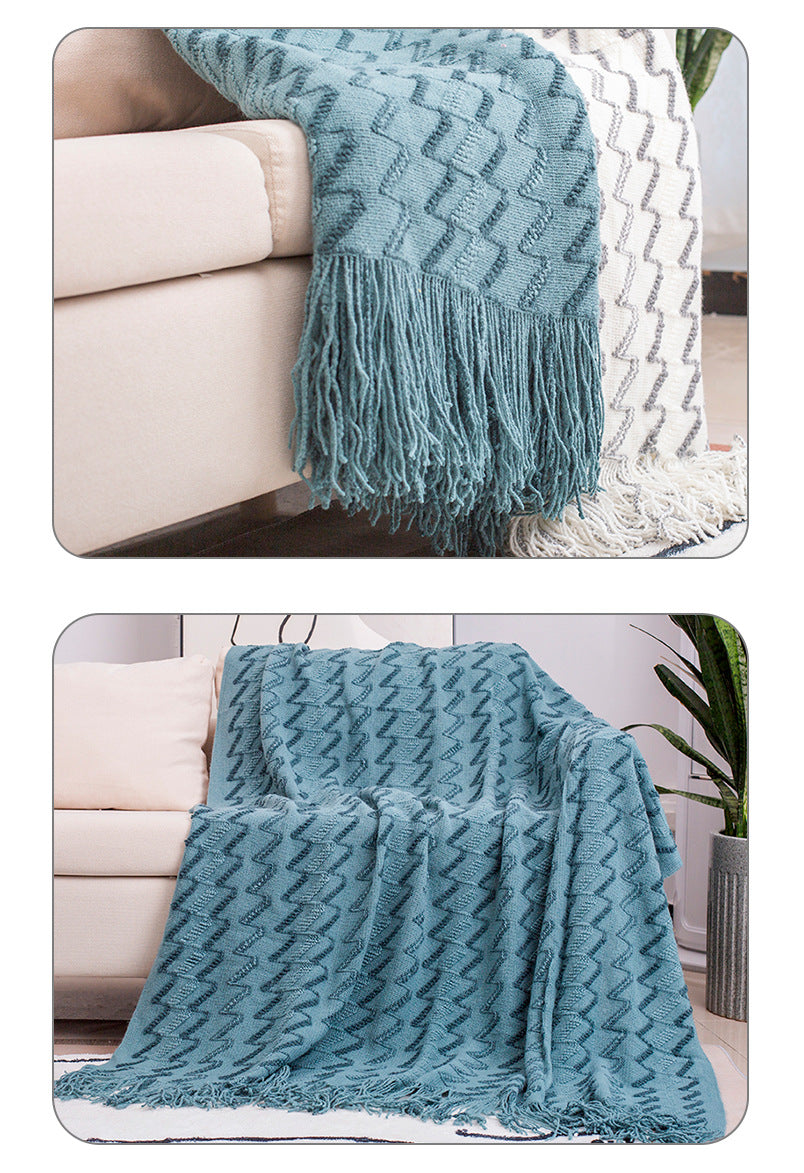 130*180CM Blue Modern Knitted Throw Blanket with Tassels - Soft & Lightweight for Sofa, Bed, and Office 5