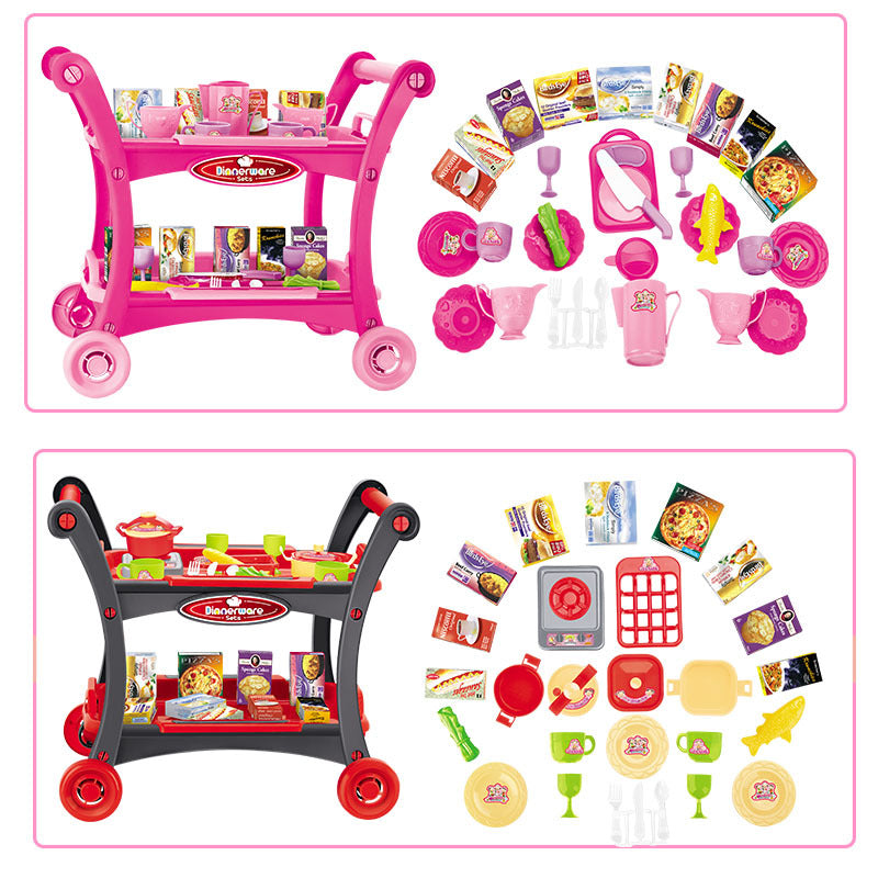 Pink Children's Pretend Play Kitchen Cart Set with Toys - Roleplay Cooking Set with Accessories - Educational Toy for Kids 3