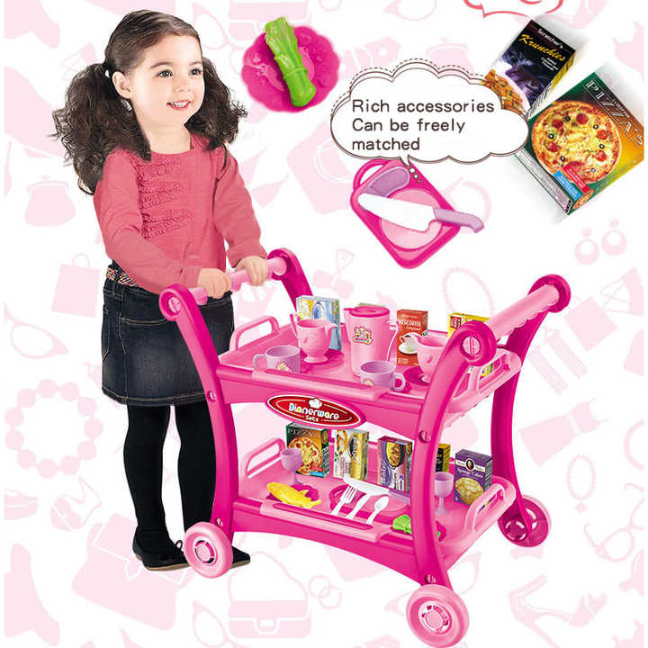Pink Children's Pretend Play Kitchen Cart Set with Toys - Roleplay Cooking Set with Accessories - Educational Toy for Kids 4